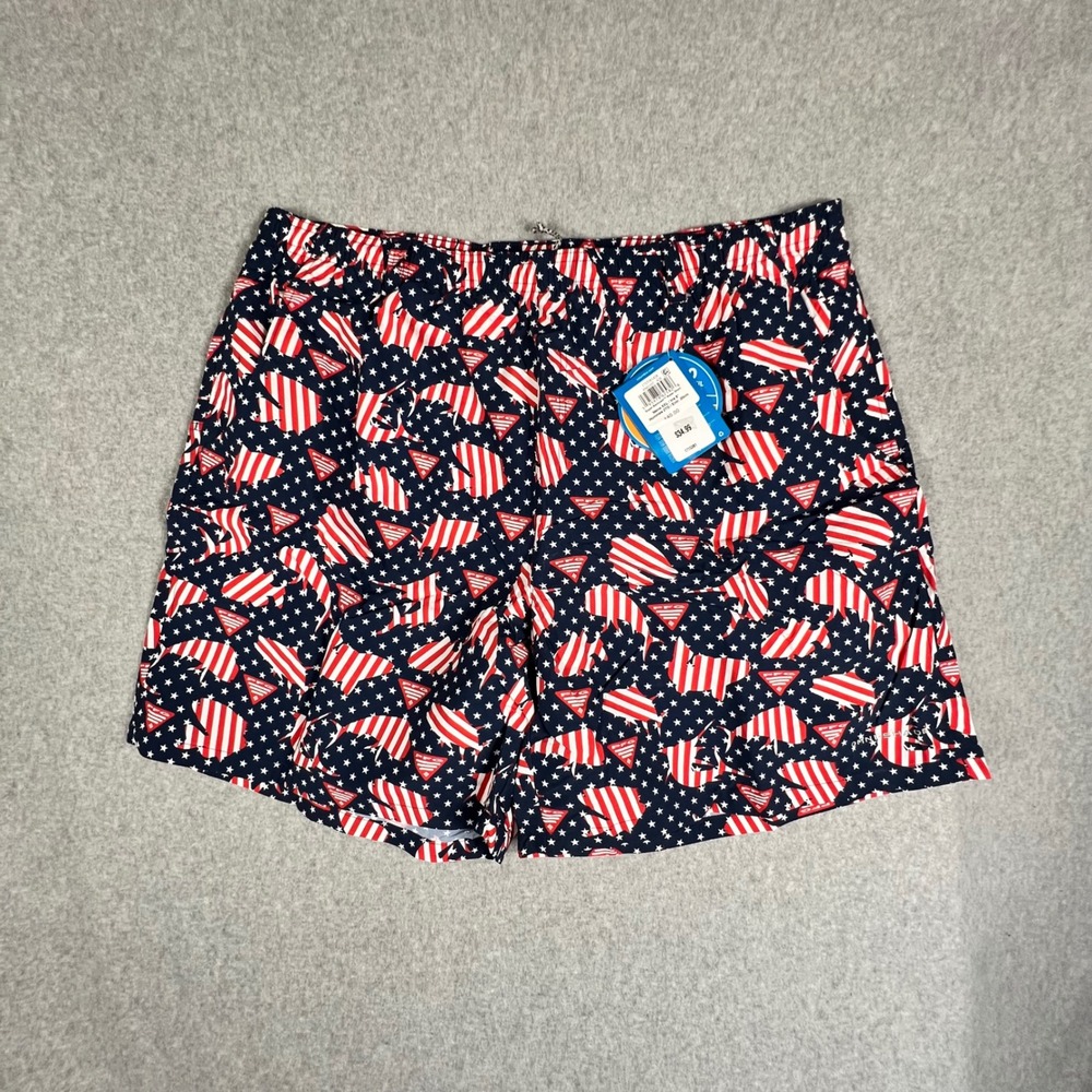 Columbia Navy Red White Flag Print Men's Swim Trunks